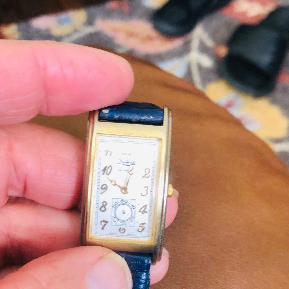 Gold Rectangular Watch With Blue Strap - image 4